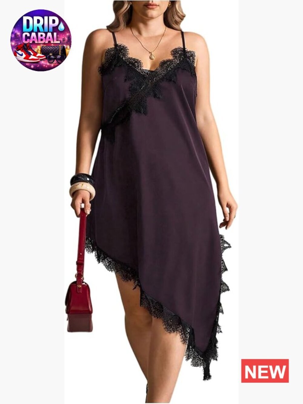 Plus Size Lace Cami Dress Midi Sleeveless V-Neck Asymmetrical Hem Party Going